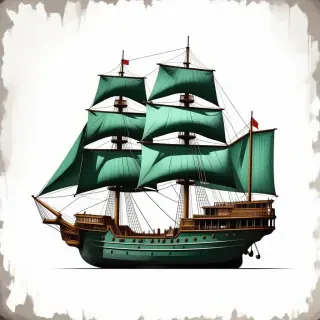 A majestic ship with Emerald green sails and hull, in a grunge style, with a full-body view on a plain white background, wide shot, with dynamic shadows and backlight, in the style of digital art