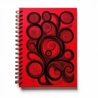 A red spiral notebook with black swirling designs on the cover
