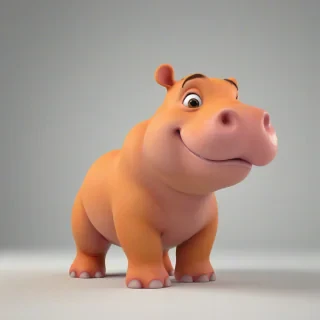 A cartoon style cute tangerine colored baby hippo with a smile, in 3D animation style, full-body view, with bright and vibrant colors, standing on a plain white background, with a wide-angle shot, and dynamic lighting, featuring a small, rounded body, large eyes, and a tiny nose, with a happy and playful expression, on a plain white background, even lighting, on a plain white background, even lighting 