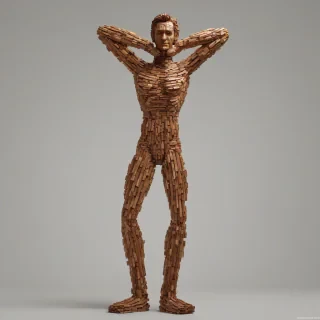 A human statue made out of brown Lincoln Logs, full-body view, wide shot, feet visible, on a plain white background, created in a digital art style with vibrant colors and dynamic shadows, on a plain white background, even lighting 