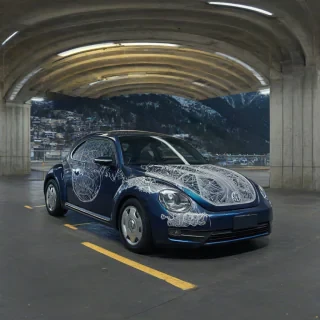 A Volkswagen Beetle with a dark, deep blue, base glossy paint with an intricate, glowing pattern of lines resembling a circuit board or a digital network, in a dim parking garage with a view of a snowy mountain range in the background
