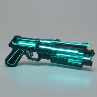 A teal, retro-futuristic gun, with a neon glow, on a plain white background, even lighting