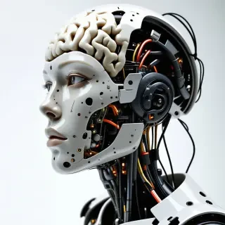 A humanoid cyberpunk style robot with clear glass for a face, displaying a human brain hooked up to several wires inside the robot's face