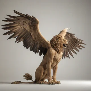 A full-body view of a griffin, with the body of a lion and the head and wings of an eagle, standing on a plain white background, with a wide-angle shot, in a photorealistic art style, with a backlight, and the griffin's feathers are a mix of brown and golden colors, on a plain white background, even lighting 