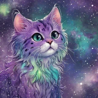 Fantasy anime astro cat with purple, green, and blue splotched fur and tiny white speckles