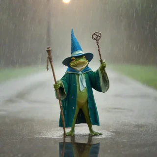 A full-body view of a frog wizard, wearing a pointed hat and holding a staff, with green and blue robes, standing on a puddle in the rain, in a wide shot, with soft, warm lighting, in the style of a whimsical illustration