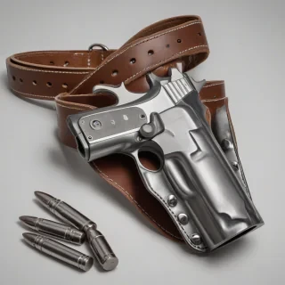 A wide shot of a leather belt gun holster, with extra bullets stored on the belt, containing a silver gun in the holster, on a plain white background, with a close-up view of the silver gun and the leather texture, in a photorealistic style, on a plain white background, even lighting 