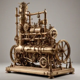 A steampunk-themed, beige-colored, industrial equipment, such as a intricately detailed, brass-plated, steam-powered engine, with visible gears and copper pipes, set against a plain white background, in a wide shot with the equipment's base and surroundings fully visible, with a warm, golden lighting and subtle, dynamic shadows, on a plain white background, even lighting 