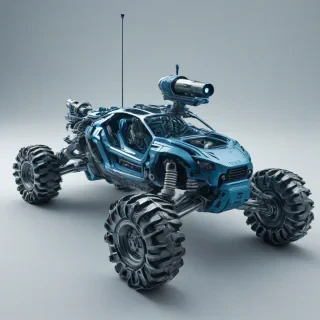 A full-body view of a futuristic,  livid blue color rover with intricate, organic-inspired details and biomechanical elements, set against a plain white background, in a wide-shot composition with dramatic, dynamic shadows and soft, natural lighting, in the style of a highly detailed, digital illustration with a focus on realism and texture, with the rover's mechanics prominently displayed, and its livid blue color scheme accented with metallic silver and copper tones,, on a plain white background, even lighting