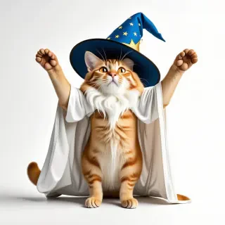 A full-body view of a cartoon orange tabby cat named Jerry, wearing a long and flowy white cape, a blue wizard hat with tiny golden stars on it, and a long white beard, striking a dramatic pose with his paws reached above his head, with a determined expression on his face, on a plain white background, in a wide shot, with his feet visible, in the style of a fantasy illustration, with dynamic shadows and a backlight, and a fish-eye lens effect for a curved look