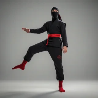 A colorful cartoon-style ninja with a big smile, wearing a black ninja suit and a red headband, standing in a wide shot with feet visible, on a plain white background, with dynamic shadows and a backlight, in the style of a digital illustration, on a plain white background, even lighting 