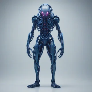 A detailed, full-body view of a futuristic, neon-lit, alien parasite with a Navy blue, metallic exoskeleton, surrounded by a hazy, Vaporwave-inspired atmosphere, with a plain white background, wide shot, and dynamic shadows, in a digital art style, with the parasite's body visible, including its feet, and a subtle, pulsing glow effect, on a plain white background, even lighting