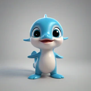 A cartoon style baby dolphin with a smile, in 3D animation style, full-body view, with bright and vibrant colors, standing on a plain white background, with a wide-angle shot, and dynamic lighting, featuring a small, rounded body, large eyes, and a tiny nose, with a happy and playful expression, on a plain white background, even lighting, on a plain white background, even lighting 