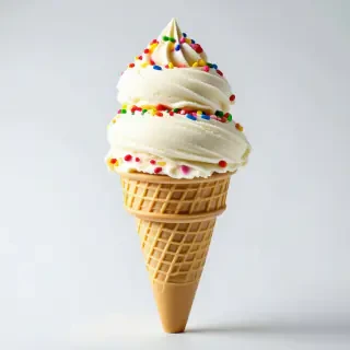 swirled vanilla ice cream cone with colorful sprinkles