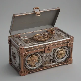 A dieselpunk style metal box, with brass accents and copper wiring, adorned with intricate gears and vintage-inspired etchings, in a wide shot, with a plain white background, and a subtle gradient of warm colors to evoke a sense of nostalgia and industrial elegance, full-body view, with the box's lid slightly ajar to reveal a complex mechanism inside, on a plain white background, even lighting 