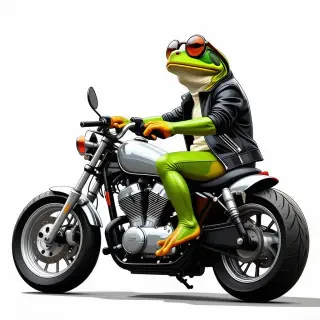 A detailed, full-body view of a vibrant green frog wearing a black leather jacket and sunglasses, riding a sleek, chrome motorcycle on a plain white background, with a wide-angle shot and dynamic shadows, in a digital art style with bold lines and bright colors