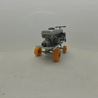 skateboard with an engine, bright lighting, wide angle shot, on a plain white background, even lighting