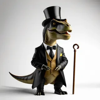 a distinguished T-Rex with a three piece suit, a top hat, and a cane