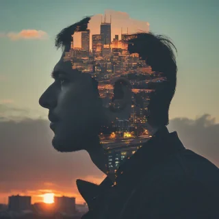 double exposure photography of a man and a sunset city