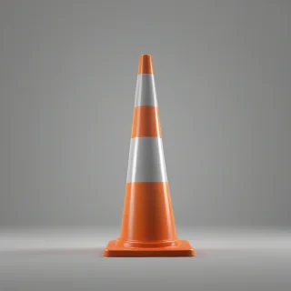 A bright orange traffic cone with a wide base and a narrow top, standing upright on a plain white background, with a full-body view and the cone's base and top clearly visible, in a digital art style with bold lines and vibrant colors, on a plain white background, even lighting 