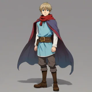 A young, light-skinned male anime character, appearing to be in his early teens. He has short, light purple hair and large, light blue eyes, conveying a determined and slightly surprised expression. He wears a light brown tunic with a red scarf and large cape, cinched by a dark brown belt with a golden buckle. He's also wearing gray pants and boots. He is holding a large silver sword with a golden hilt., on a plain white background, even lighting