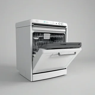 dishwasher, A cartoon-style, cottage style ,  3d vector art style with rounded features and bold lines, bright and even lighting, on a plain white background, on a plain white background, even lighting