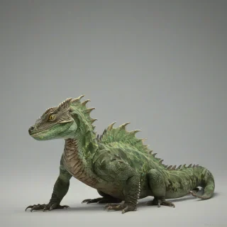 A full-body view of a basilisk, a legendary reptile with a deadly gaze, standing on a plain white background, with a wide shot, feet visible, and a detailed, realistic illustration style, featuring a combination of green and brown scales, sharp teeth, and piercing eyes, with a sense of ancient, mystical power, in a bright, natural light with soft shadows, on a plain white background, even lighting