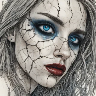 A Sam Guay-style illustration of a woman with dramatic goth makeup, bright blue eyes, and a stud in her upper lip, rendered in a close-up, high-contrast style reminiscent of a fisheye lens, with a focus on her face, cracked skin, and blood dripping from the cracks, on a plain white background.