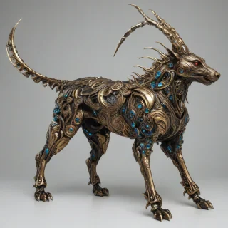 A majestic quadruped, fully rendered in a bronze metallic finish, with intricate details and textures, in a wide shot, full-body view, with visible feet, set against a plain white background, in a concept art style, with bold lines and vibrant colors, and a sense of dynamic movement, on a plain white background, even lighting