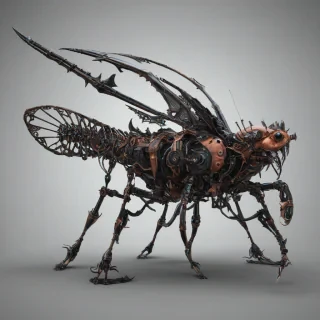 A detailed, full-body view of a salmon-colored, Gothic-inspired insect, with intricate, dark metallic exoskeleton details, standing on a plain white background, with a wide-angle shot, and dramatic, dynamic shadows, in a digital art style, with a focus on the insect's textured, armored body