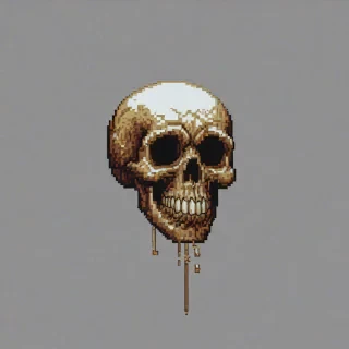 A very pixelated skull, full-body view, 8-bit style, on a plain white background, with a wide shot, and a low resolution, pixel art aesthetic, and a bold color scheme
