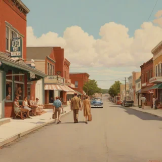 Norman Rockwell style painting of a small town, full-body view, wide shot, with a warm and inviting color palette, set in the 1950s, with classic American architecture, people walking down the street, and a sense of nostalgia