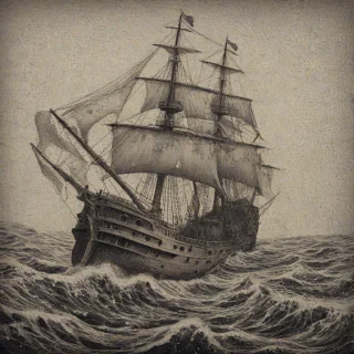 Kraken Pointillism-style taking down a ship