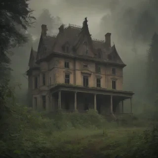 A grand, abandoned mansion with overgrown gardens and a crumbling facade, surrounded by dense woods with tall trees and winding vines, in a wide shot with a misty atmosphere, in the style of a digital painting with warm, muted colors and soft lighting