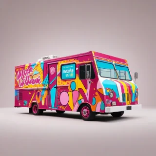A burgundy food truck, in the style of pop art, with bold lines and bright colors, full-body view, wide shot, on a plain white background, with the truck's details and textures clearly visible, on a plain white background, even lighting 