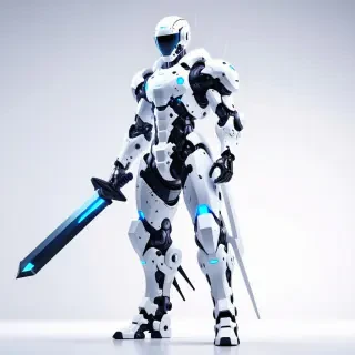A mecha warrior man with white futuristic armor with neon blue accents, full-body view, wide shot, feet visible, standing on a plain white background, with a humongous sword with a large flat rectangular blade slung on his shoulder as he tightly grips the handle with one hand, dynamic shadows, hard rim light, digital art style, he is standing in a confident pose, his weight shifted onto the leg opposite of the arm holding the sword and his other leg planted firmly in front of him, highly detailed, intricate armor design, armor panels, neon blue glow, metallic sheen, sharp edges, rugged texture, dramatic lighting, intense atmosphere