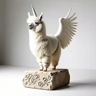 A llama with fluffy and curly white fur, large angel wings, and a white unicorn horn standing on a stone platform engraved with images of flowers
