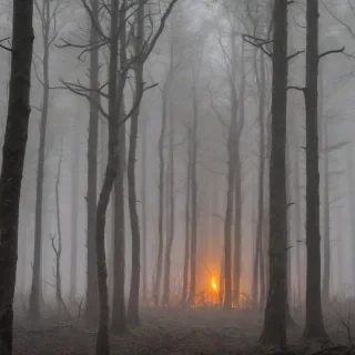 A dense, foggy forest with towering trees, their trunks and branches shrouded in a thick, grey mist, while flames flicker and dance across the forest floor, casting a warm, orange glow through the fog, full-body view, wide shot, with the forest stretching out into the distance, on a plain white background