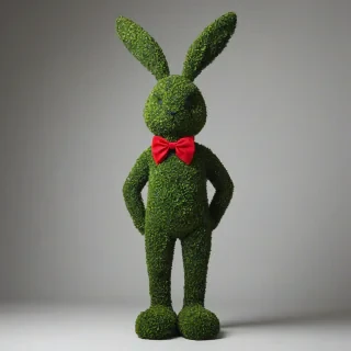 full-body view of a topiary in the shape of a rabbit, on a plain white background, with green leaves and a small red bow tie, on a plain white background, even lighting 
