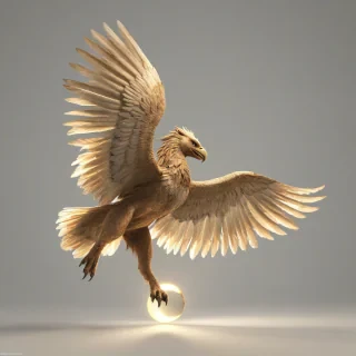 A full-body view of a flying Griffin, with the sun behind it, casting a warm glow, on a plain white background, in a wide shot, with its wings spread wide, and its feathers a golden brown color, in the style of a digital illustration, on a plain white background, even lighting 