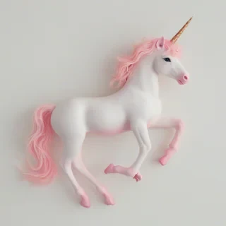 A top-down image of a unicorn, full-body view, on a plain white background, with a pastel color scheme, and a soft, dreamy lighting effect, in a digital art style