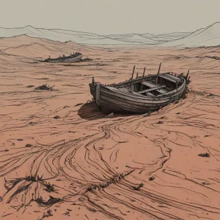 Post apocalyptic scene in the desert, with red sand, what used to be sunken boats, and other things, now nestled into the sand dunes,  which is a dried up ocean bed, a haze over the entire image, landscape scene, in a hand-drawn style, with bold lines