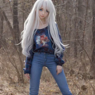 Anime girl with long white hair and blue eyes wearing an old flannel sweater and blue jeans