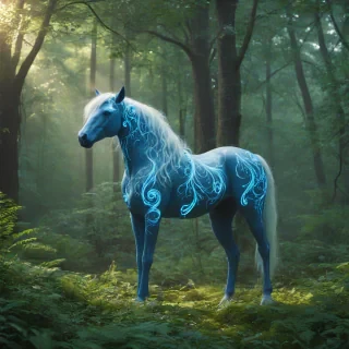 A full-body view of a glowing blue magical horse with vines for a mane and tail, standing in the middle of a dense, vibrant forest with tall trees and lush green foliage, with soft, warm lighting and a sense of serenity, in a fantasy, dreamlike illustration style