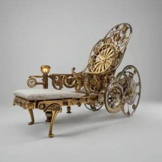 steampunk-style chaise lounge with brass accents and visible gears, set against a plain white background, in a wide shot with the chair's legs and back fully visible, with a warm, soft, golden lighting and subtle shadows to emphasize the textures, on a plain white background, even lighting