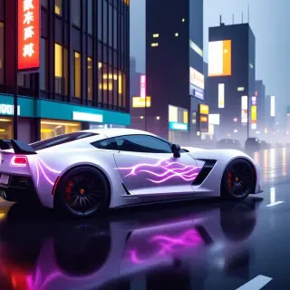 a sleek, futuristic white car with neon purple flames painted on it in an electric orange color, set against a dark, neon-lit cityscape at night