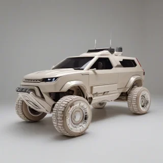 A beige cyberpunk rover, full-body view, with metallic accents and neon lights, set against a plain white background, in a wide shot, with visible wheels and a futuristic design