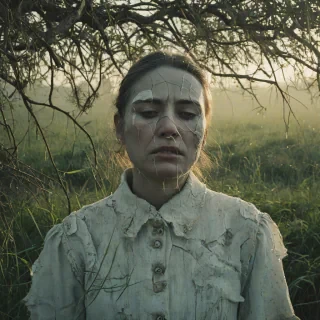 A surrealist photograph of a woman with a cracked and crumbling porcelain face, tears streaming down her cheeks, standing in a lush, misty grassland at sunrise.