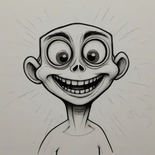 hand-drawn cartoon of a ghoul with a smile, big eyes, happy expression, bright, even lighting, on a plain white background