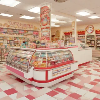 A 20th century style candy store, with a wide variety of colorful sweets and treats on shelves, a checkered floor, and a classic cash register on the counter, in a full-body view, on a plain white background, with a warm and inviting atmosphere, in the style of a vintage illustration